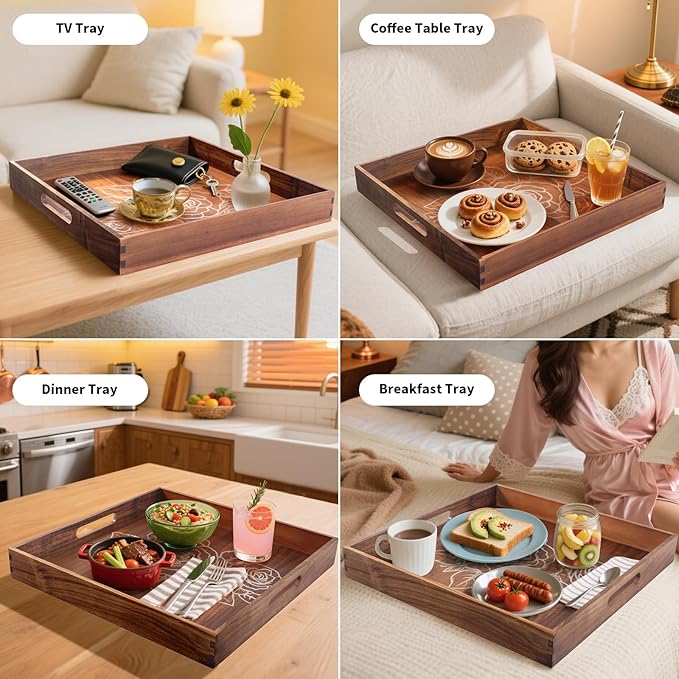 Ottoman Tray with Handles, 20 Inches Acacia Wood Serving Tray, Extra Large Tray for Ottoman Decorative Trays Serving for Living Room for Decorative, Coffee Table, Breakfast in Bed, Appetizers