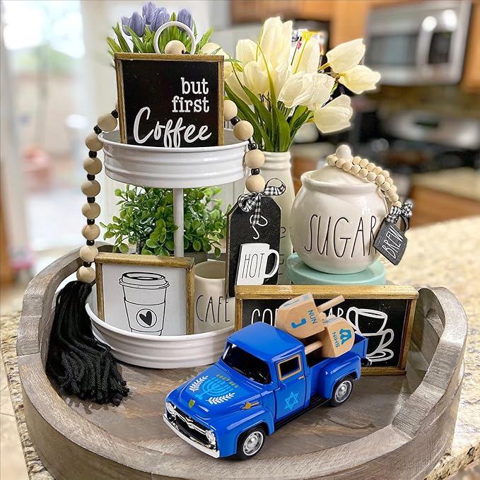 CRCZK Hanukkah Home Decor - Mini Metal Truck with Wood Dreidel - Festive Jewish Holiday Tabletop Decor, Gift for Kids