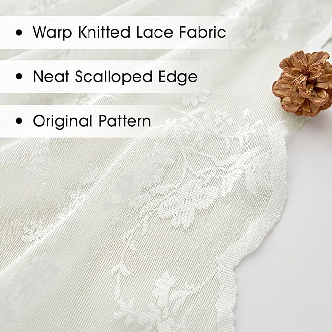 Sheer Lace Curtains 84 Inches Long, Vintage Floral Light Filtering Ivory Lace Curtains for Living Room & Bedroom, Rod Pocket, 2 Panels Set, Tiny Flower Pattern (Ivory, 52" W x 84" L)