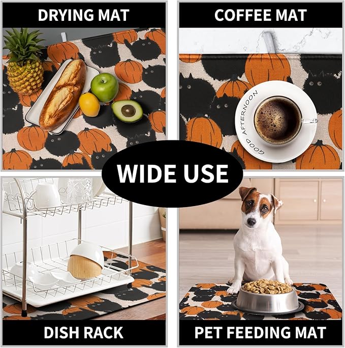 Happy Halloween Dish Drying Mat for Kitchen Counter 16x18 Inch Cute Pumpkin Black Cat Trick or Treat Drying Mats Large Microfiber Absorbent Dish Rack Pad for Coffee Bar Sinks Home Accessories