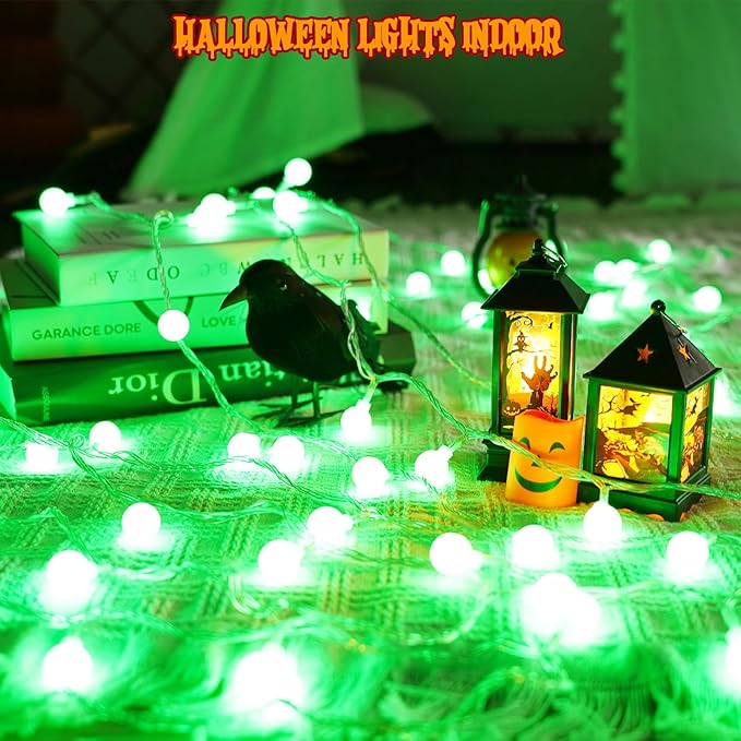 Connectable Green Halloween Lights Outdoor Indoor - 43FT 100LED Globe String Lights Plug in with Timer, 13 Modes Fairy Light Waterproof for Party Halloween Decorations Bedroom Decor