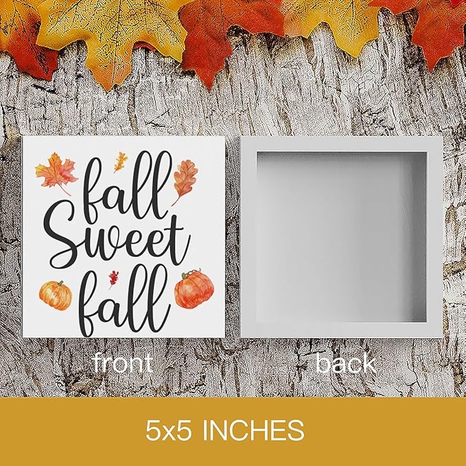 HTBIG Fall Wooden Box Sign Desk Decor, 5.1 X 5.1 Inch Pumpkin Autumn Wood Sign for Tiered Tray Decor for Home Living Room Harvest Day Thanksgiving Tabletop Decoration-Sweet Fall
