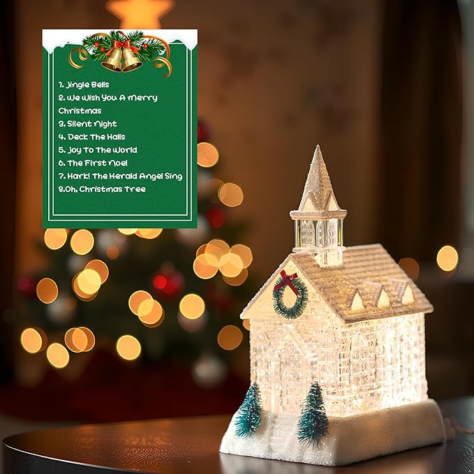 Christmas Lighted Church Water Lantern Snow Globe with Evergreens and Wreath, USB Lined/Battery Operated Lighted Lantern for Christmas Festival Decoration Gifts