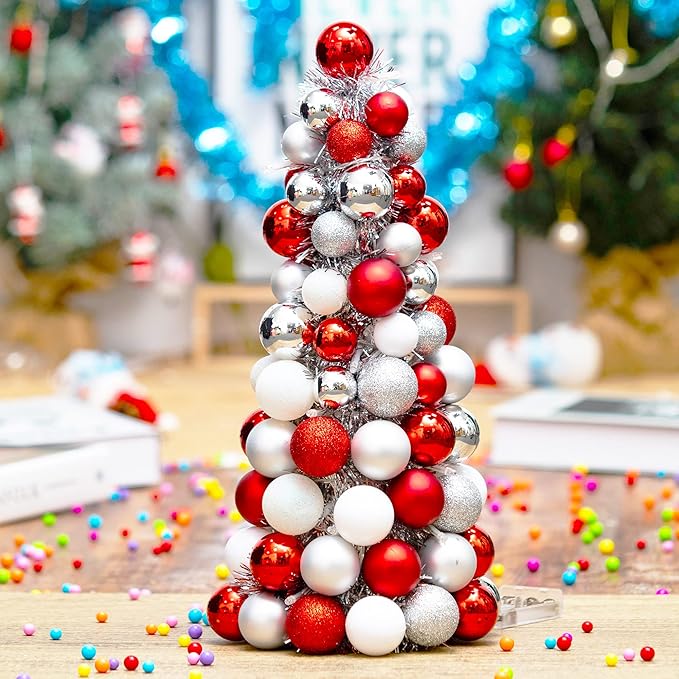 Amooca 16in Christmas Ball Tree with LED Lights Table Centerpiece Fireplace Decor Indoor Holiday Party Home Decoration Red White Silver