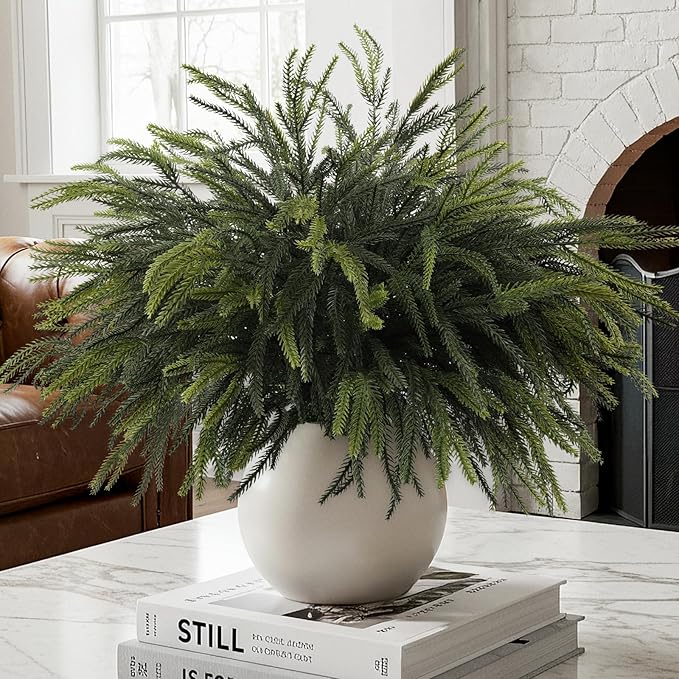 12Pcs Christmas Norfolk Pine Stems, 24'' Long Artificial Evergreen Norfolk Pine Branches, Real Touch Greenery Picks, Faux Floral Branch for Mantel DIY Xmas Home Decoration Indoor Christmas Decor