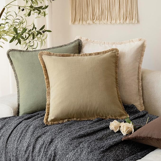 Foindtower Set of 2 Decorative Linen Fringe Throw Pillow Covers Farmhouse Cushion Cover with Tassels Soft Accent Pillowcase for Couch Chair Sofa Bed Living Room Home Decor,22×22 Inch,Light Khaki Taupe