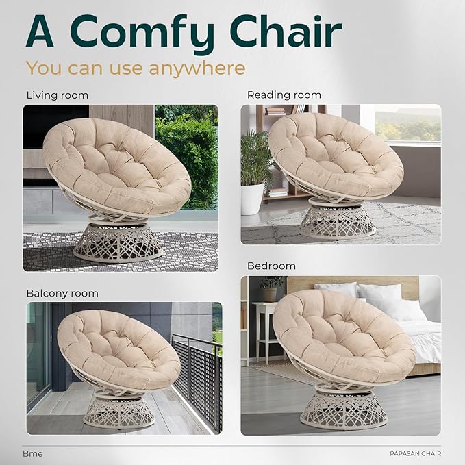 Bme 40" Ergonomic Wicker Papasan Chair with Soft Thick Density Fabric Cushion, High Capacity Steel Frame, 360 Degree Swivel for Living, Bedroom, Reading Room, Lounge