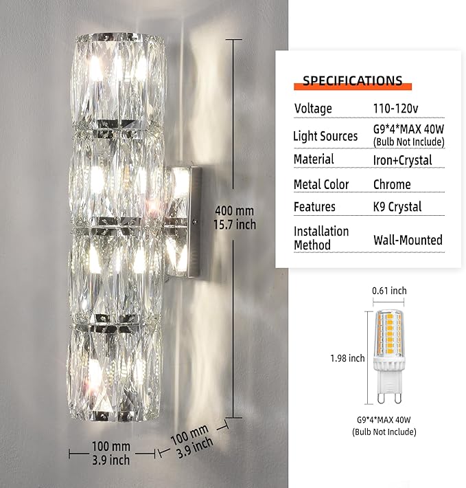 Crystal Wall Sconces Set of Two, Modern Sconces Wall Decor Set of 2 Chrome Bedroom Indoor Wall Sconce Bedside Wall Mounted Lamp for Hallway Bathroom Vanity Light Fixtures