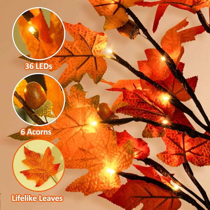 2FT Lighted Maple Tree- Fall Artificial Tree Thanksgiving Decor Tabletop Lamp with 36 LED Lights, Autumn Maple Leaves, 6 Acorns, 6-Hours Timer Function, Battery Operated for Indoor Home