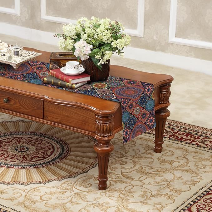 Boho Bohemian Table Runner 90 Inches Long, Vintage Seasonal Table Runners for Party Kitchen Dining Coffee Table Bedroom Indoor Outdoor, Machine Washable and Handmade (Bohemian A, 13” x 90”)