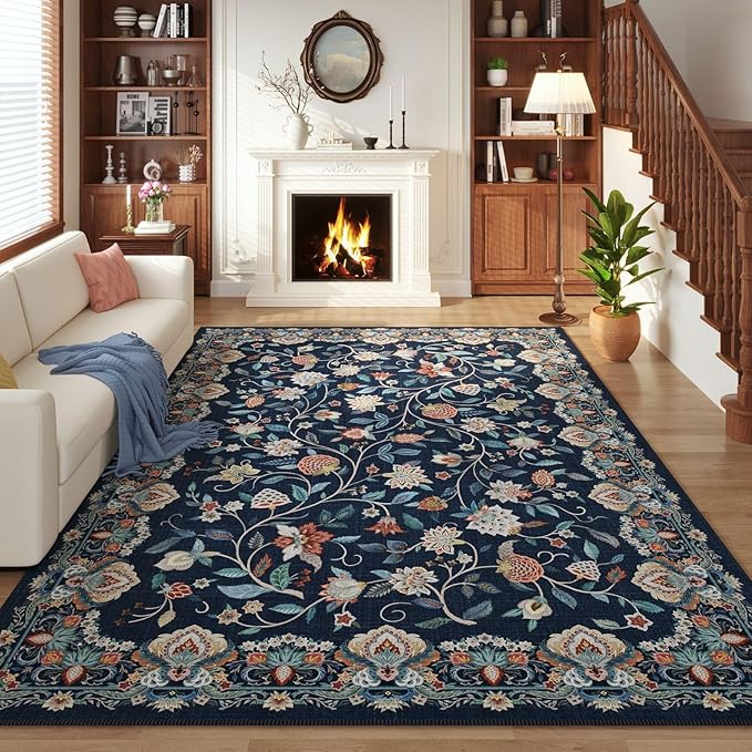 Rugcomf Vintage Paisley Rugs for Living Room 5'x7' - Machine Washable Area Rug, Non-Slip Low Pile Floral Carpet for Bedroom, Dining Room, Farmhouse, Office, Kids Playroom - Blue