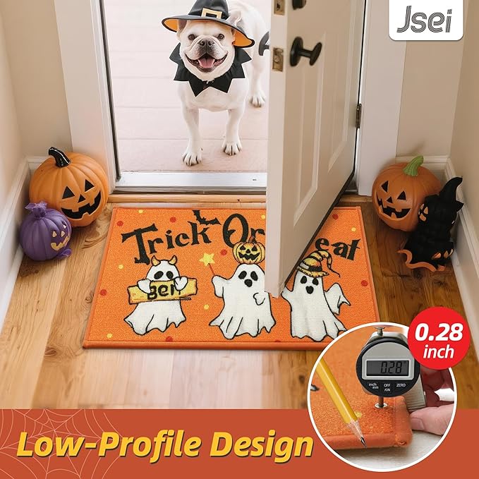 JSEI Halloween Holiday Doormat, 17''x30'' Non-Slip Ghost and Pumpkins Decorative Welcome Mats for Floor, Low-Profile Entryway Rugs Washable, Flying Ghosts Pattern