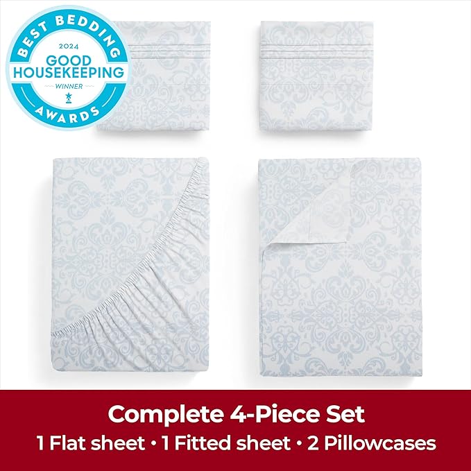 Mellanni Extra Deep California King Sheets - 4 PC Iconic Collection Bedding - Luxury, Ultra Soft, Cooling Bed Sheets - Wrinkle, Fade, Stain Resistant (Cal King, Laced Sky Blue)