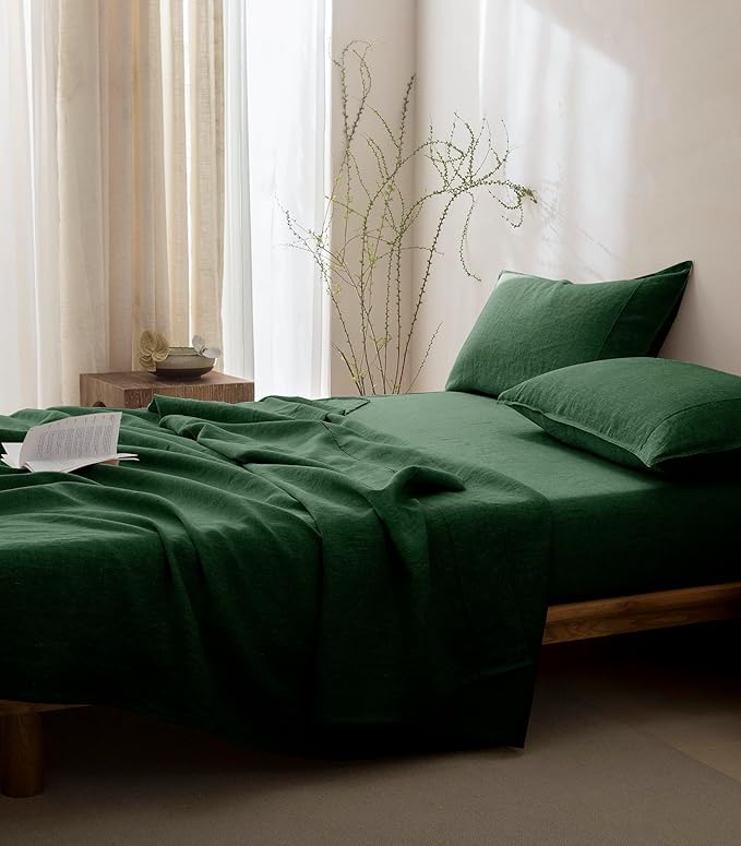 Talasily 100% French Pure Linen Sheets Set Full Size,Oeko-TEX Certified Bedding, All-Season Breathable for Hot Sleepers,16 Inch Deep Pocket Machine Washable 4-Piece (Forest Green)