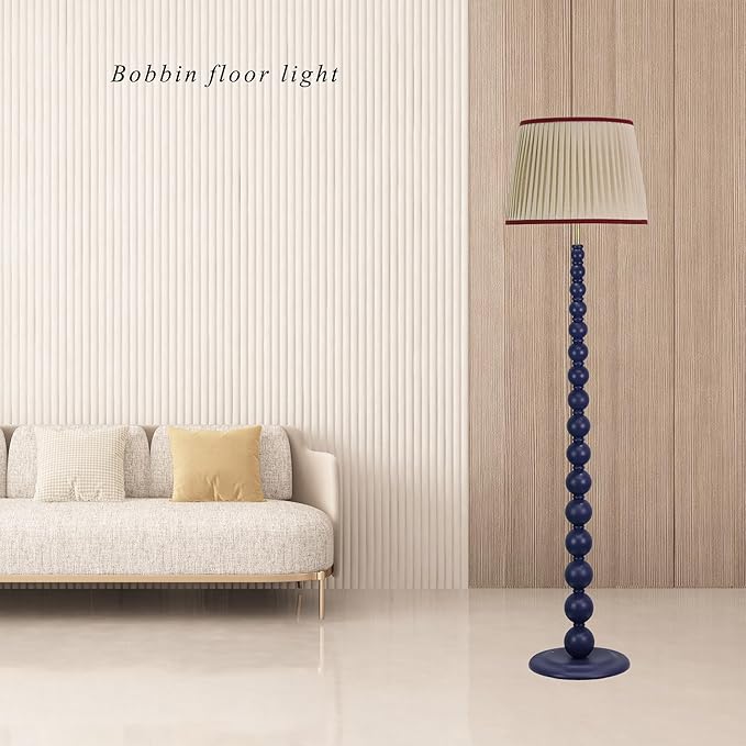 Modern Floor Lamp for Living Room, Farmhouse Floor Lamps, 14X14X59 Inch Navy Wood Base Pull Chain Switch Floor Lamp for Bedrooms and Office (Tapered Pleated Shade)