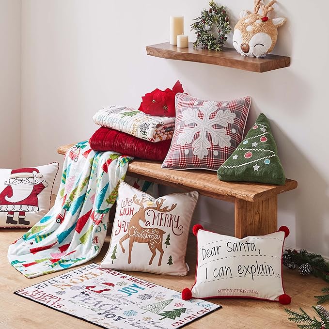 Levtex Home Merry & Bright Collecion - Santa Claus Lane - Holiday Quilted Throw Size 50x60in. - Christmas Script - Red, Teal, Yellow, Green, Black and White - Reversible