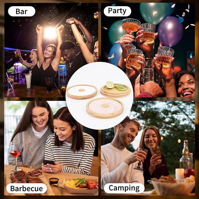 3-Tier Bamboo Margarita Salt Rimmer Set with Garnish Tray - Bartender Tool for Salt, Sugar & Lime - Fits Glasses up to 5.5" for Bars, Home, Parties