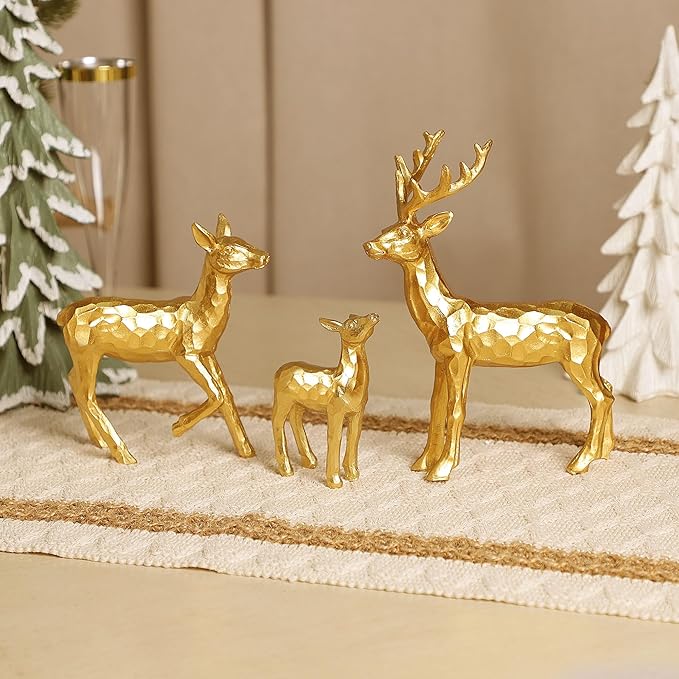 Lulu Home 3 PCS Christmas Tabletop Decorations, Resin Golden Reindeer Family Figurines with Diverse Postures, Xmas Holiday Winter Centerpieces Ornaments for Mantel Shelf Sill Home Office Decor