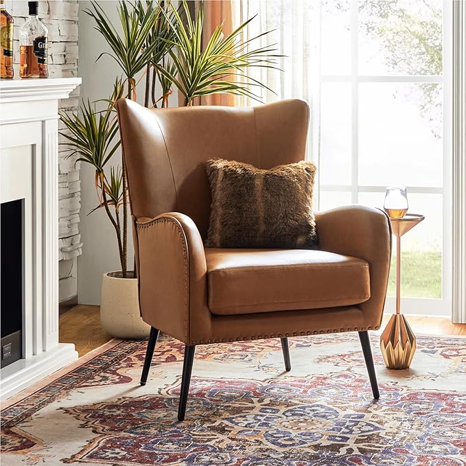 HULALA Home Faux Leather Accent Chair w/Removable Cushion, Comfy Upholstered Armchair with Black Metal Legs & Nailhead Trim Wingback Vanity Chair Desk Chair for Reading Living Room Bedroom, Camel