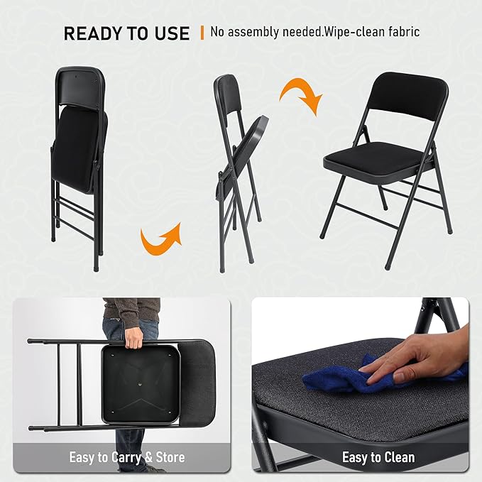 SEALAMB 6 Pack Fabric Folding Chairs with Padded Seats & Cushion, Metal Foldable Chairs for Wedding Party, Commercial Chairs for Office School Church Events, 350lb Capacity (Black-Fabric, 6 Pack)