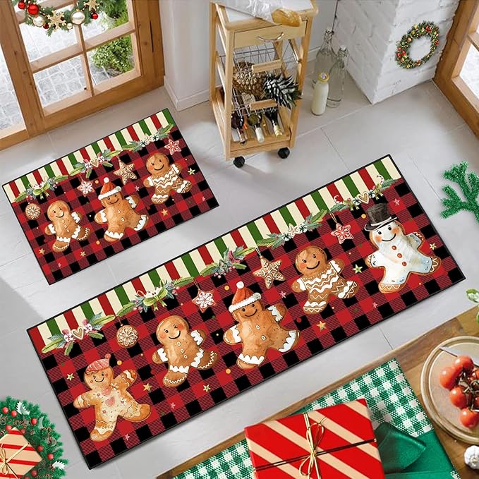 Christmas Kitchen Rugs Non-Slip Holiday Floor Mats 2 Piece Set Gingerbread Man Vintage Decor Soft Absorbent Mats for Front of Sink 17x30 and 17x47 Inches