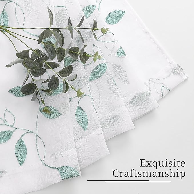 Tollpiz Teal Blue Leaf Sheer Curtain Leaves Embroidered Bedroom Curtains Rod Pocket Voile Window Treatment for Living Room, 54 x 95 inches Long, Set of 2 Panels