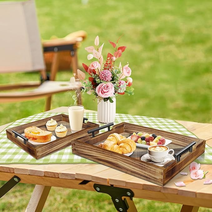 Butizone Wood Serving Tray with Handles, Rustic Ottoman Tray for Breakfast in Bed, Coffee Table, Entertaining, Home Decor, Decorative Nesting Trays, Ideal for Kitchen, Bedroom, Living Room, Set of 2