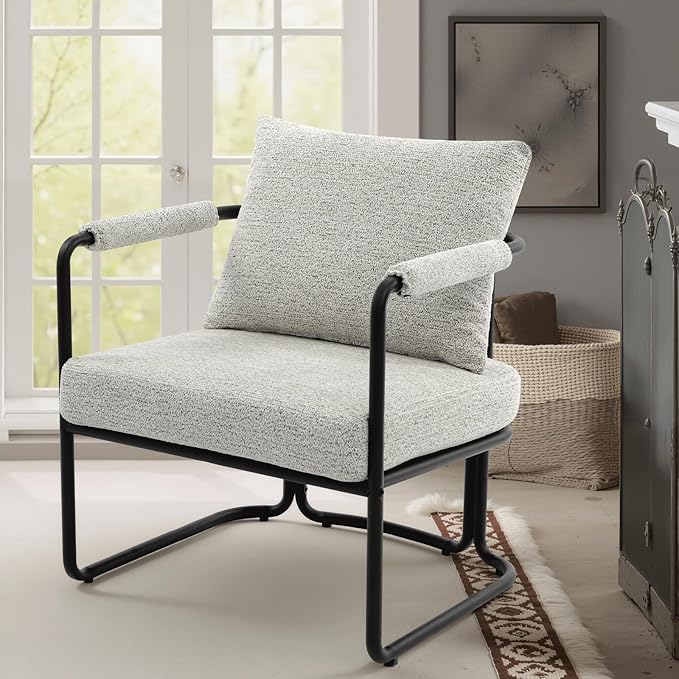 Mid-Century Modern Accent Chair, Comfy Upholstered Lounge Arm Chair with Chenille Fabric for Living Room, Bedroom, Apartment, Reading Corner, Office, Light Grey