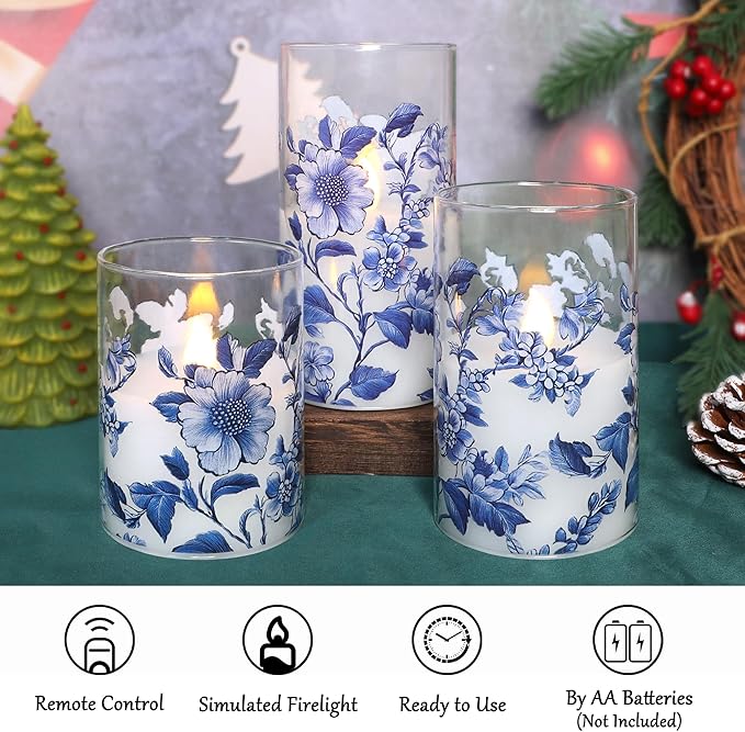 Flameless Candles Glass with Remote Control & Timer Function, Blue and White Porcelain Theme Design, Home Party Wedding Christmas Summer Decor, Set of 3