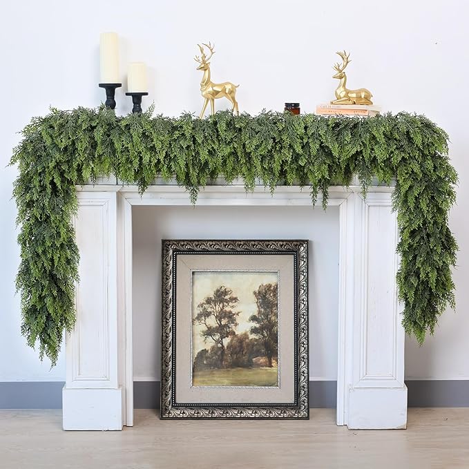 16FT Real Touch Cedar Garland for Fireplace - Artificial Christmas Garlands Realistic Faux Greenery Fake Pine Needles Garland for Holiday,Table, Window,Mantel,Stairs, Home,Indoor Outdoor Decor (1PCS)