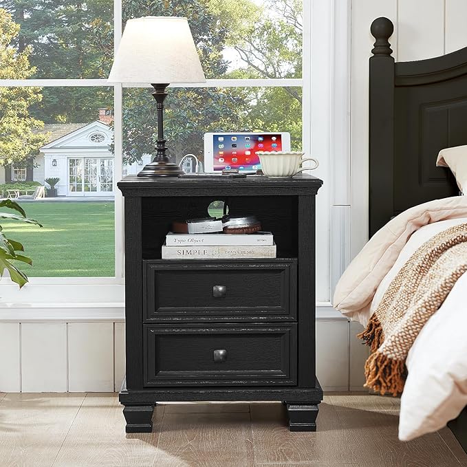Farmhouse Nightstand Set of 2 with Charging Station, Rustic Black Nightstand,2 Drawers End Table for Living Room,Bedside Table with Open Shelf for Bed Room,Black