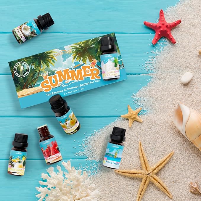 Summer Essential Oil Set of 6 Premium Fragrance Oils - Includes Watermelon, Coconut, Ocean Breeze, Plumeria, Vanilla Ice Cream & Pina Colada Diffuser Oils, Candle Making Scents