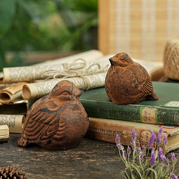 Sungmor Cast Iron Bird Statue, Vintage Animal Collection Figurines, Home Office Table Decor, Paperweight, Doorstop, Garden Lawn Cute Ornament, Rust Finish