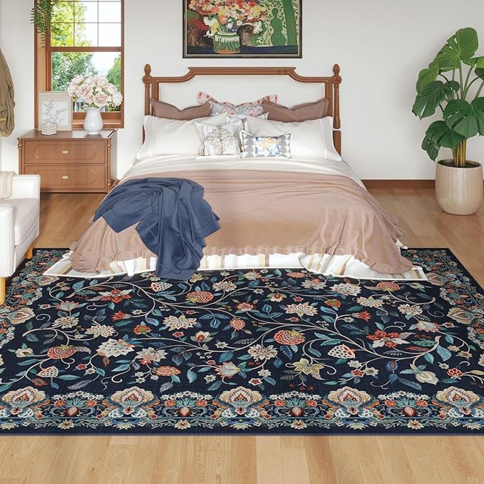 Rugcomf Vintage Paisley Rugs for Living Room 5'x7' - Machine Washable Area Rug, Non-Slip Low Pile Floral Carpet for Bedroom, Dining Room, Farmhouse, Office, Kids Playroom - Blue