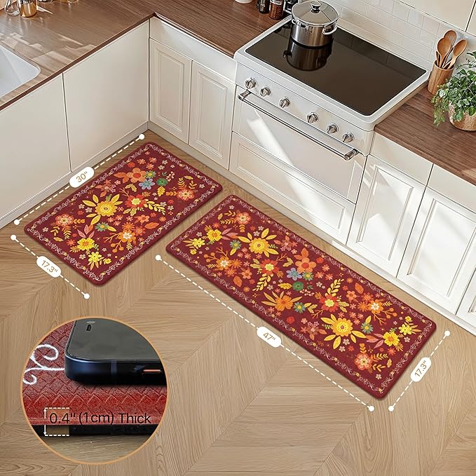 GENIMO Kitchen Mats for Floor 2PCS, Cushioned Kitchen Rugs Non Slip Washable, Farmhouse Anti Fatigue Mat Waterproof, Comfort Standing Mat Rug for Office, Home, Laundry, 17.3"x47"+17.3"x30", Red