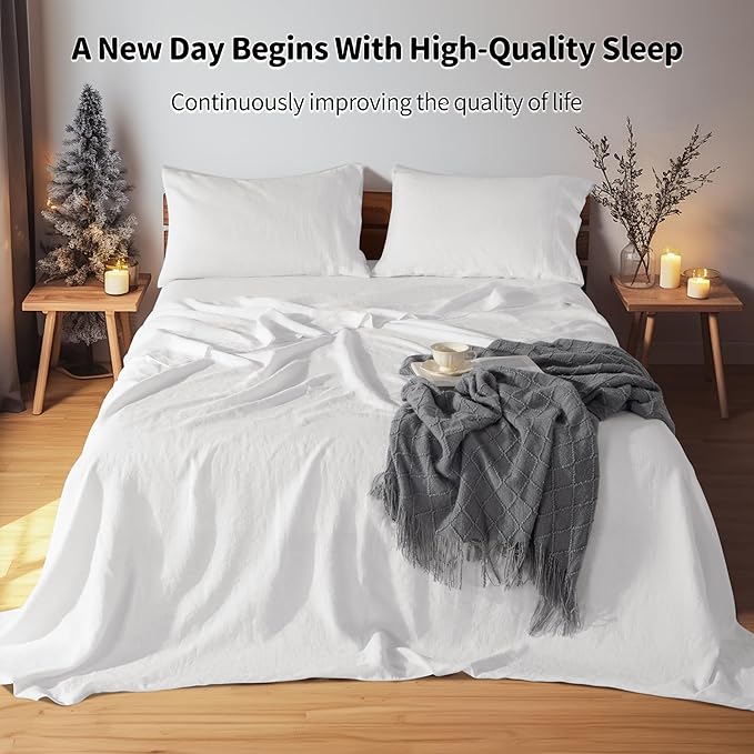 LBRO2M 100% Linen Sheet Set 19" Deep Pocket California King Size,Bed Sheets 4 Piece Sets,Solid Color Natural Flax Bed Sheets Soft Breathable Bedding,All Season (Clifornia King, White)