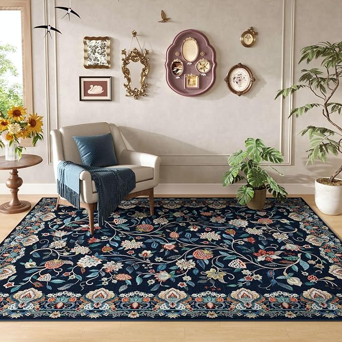 Rugcomf Vintage Paisley Rugs for Bedroom 4'x6' - Machine Washable Area Rug, Non-Slip Low Pile Floral Carpet for Girl/Boys Room, Living Room, Kids, Entry - Blue