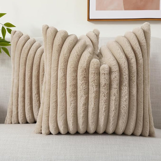 decorUhome Fall Faux Fur Throw Pillow Covers 16x16 Set of 2, Decorative Soft Plush Striped Neutral Couch Euro Pillow Covers with Velvet Back for Sofa, Bed, Living Room Home Decor, Light Khaki Brown