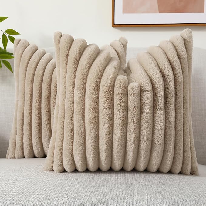 decorUhome Fall Faux Fur Throw Pillow Covers 20x20 Set of 2, Decorative Soft Plush Striped Neutral Couch Euro Pillow Covers with Velvet Back for Sofa, Bed, Living Room Home Decor, Light Khaki Brown