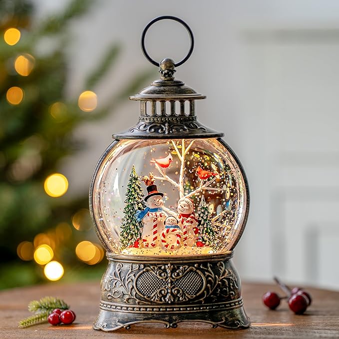 9.8" Christmas Snow Globe Water Lantern with Joy and Snowman Family Scene Battery Operated or USB Powered Musical Lighted Holiday Decoration for Tabletop Display for Family and Friends