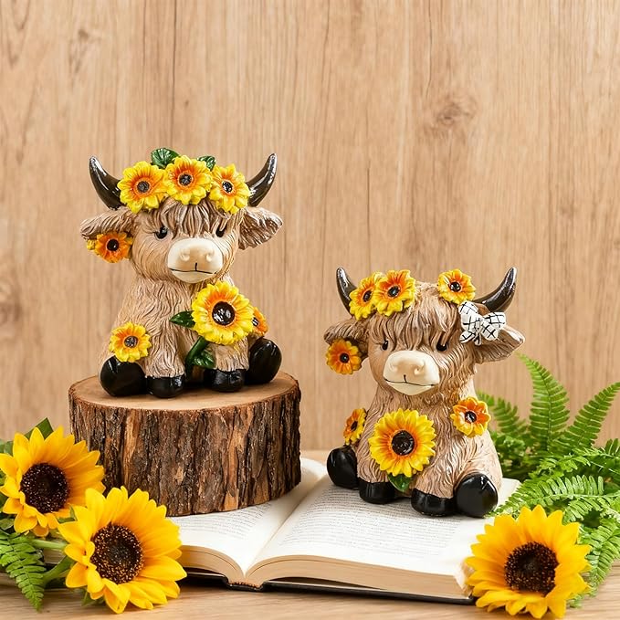 2 Pcs Highland Cow Figurines Spring Sunflower Highland Cow Gifts Summer Decorations for Kitchen Home Office Tiered Tray Table Decor