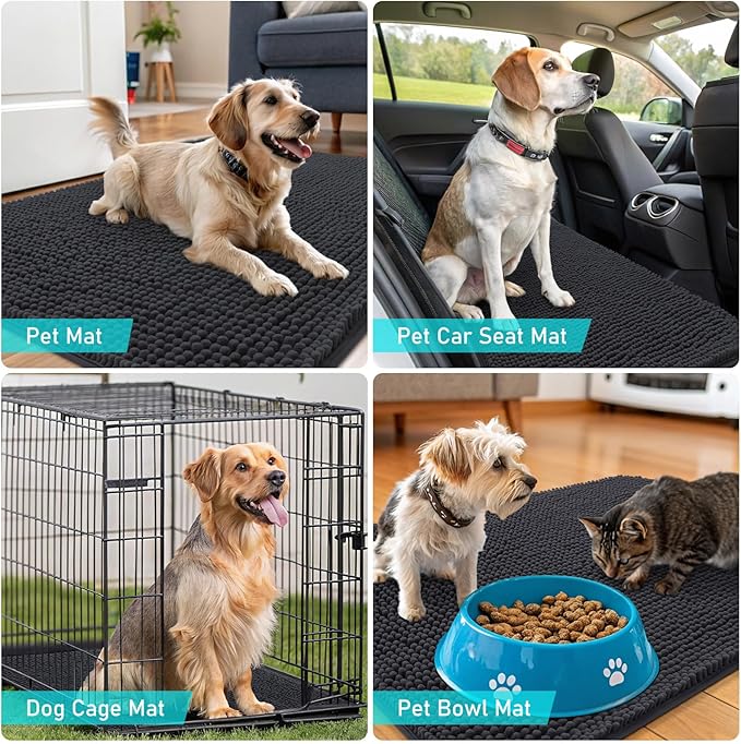 OLANLY Dog Door Mat Set 4-Piece 36x24, Absorbs Moisture and Dirt, Absorbent Non-Slip Washable Doormat, Quick Dry Chenille Mud Mat for Dogs, Entry Indoor Entryway Carpet for Inside Floor, Dark Grey
