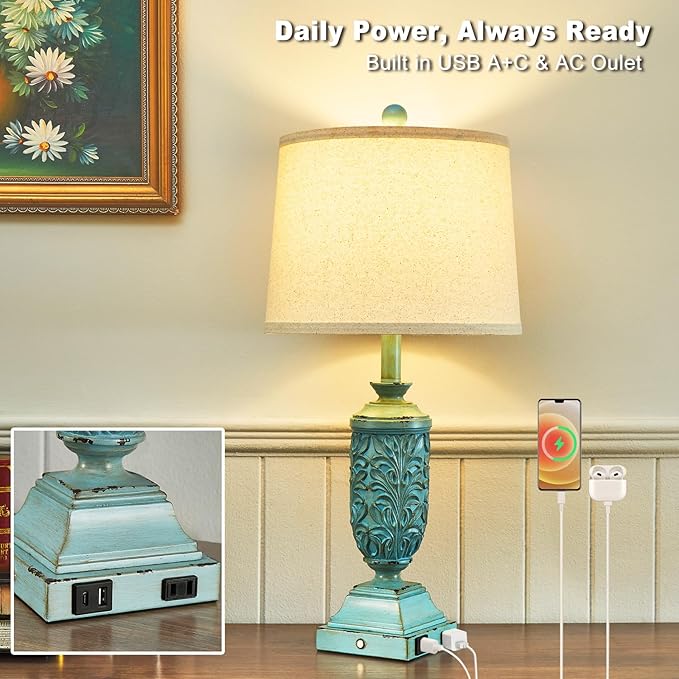 26.5" Farmhouse Table Lamp Set of 2, 3-Way Dimmable Touch Control Bedside Lamps Vintage Rustic Side Table Nightstand Lamps for Bedroom Living Room Study Room