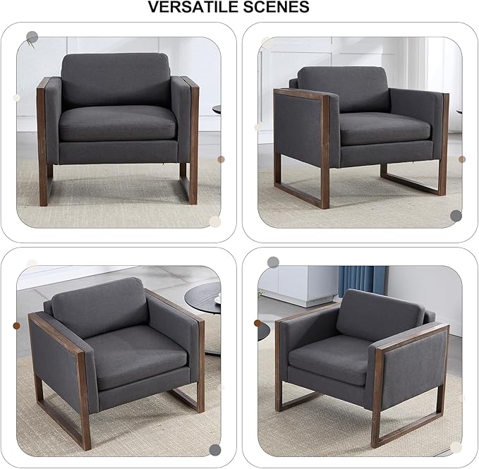 Kmax Modern Accent Chairs, Charcoal Fabric Upholstered Club Chair, Comfy Arm Reception Chairs for Living Room Hotel Conference, Walnut Wood
