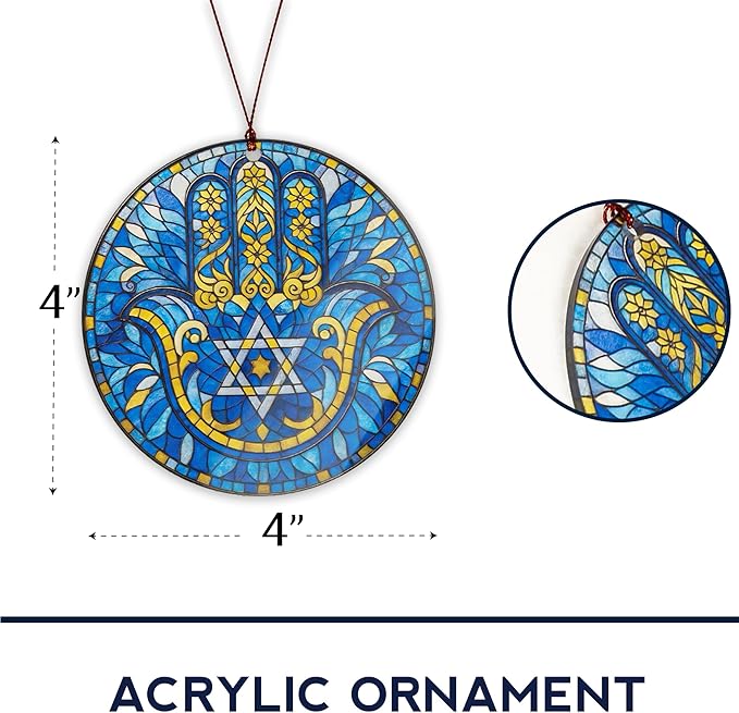 Hanukkah Ornaments Window Decorations with Hamsa Hand Design, Fatima Home Decor Ornament for Spiritual Good Luck, Housewarming Gifts for Mom Dad Friends, Jewish Holiday Decor, Hanukkah Gifts