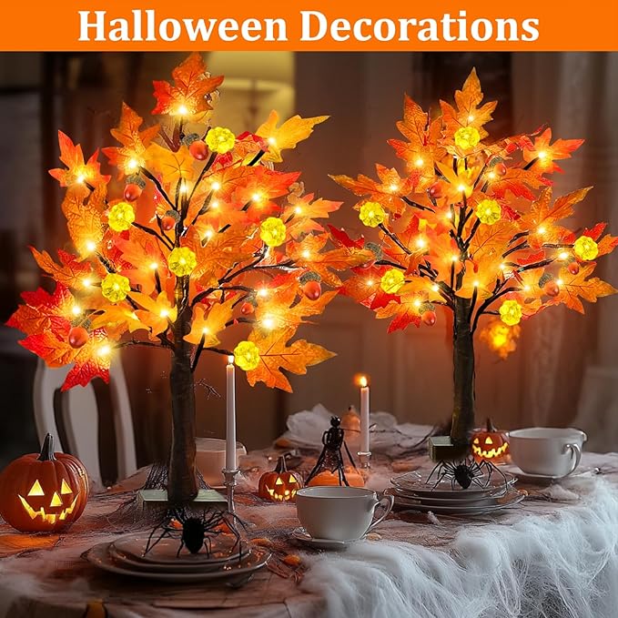 2 Pack 24 Inch Prelit Fall Maple Tree Thanksgiving Decorations, 48LEDs Timer Acorn Pumpkin Lights Fall Decorations for Home Battery Operated Wedding Party Table Autumn Harvest Halloween Fall Decor