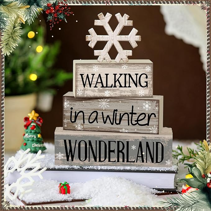 4 Pcs Christmas Table Decorations Wooden Snowflake Decor Winter Tiered Tray Decor Rustic Snow Block Signs Gift Farmhouse Christmas Centerpiece for Winter Wonderland Party Kitchen Shelf Home