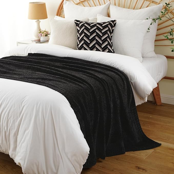 BATTILO HOME Black Throw Blanket for Couch, Woven Chenille Throw Blankets for Bed, Chair, Sofa, Black Knitted Blanket Cozy Soft Blanket, 51"x67"