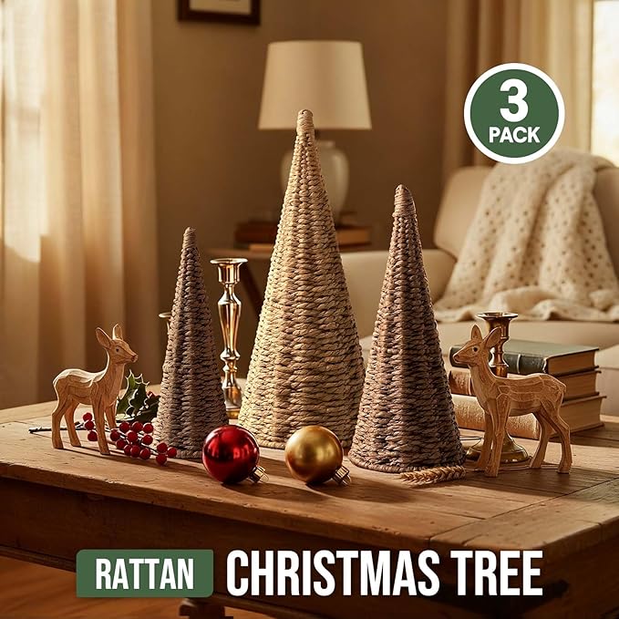 3pcs Natural Woven Christmas Trees Decor, Artificial Christmas Tree Decorations for Home Party Table Village Craft Indoor Outdoor Vintage Christmas Decor(Khaki+Dark Brown+Dark Khaki)