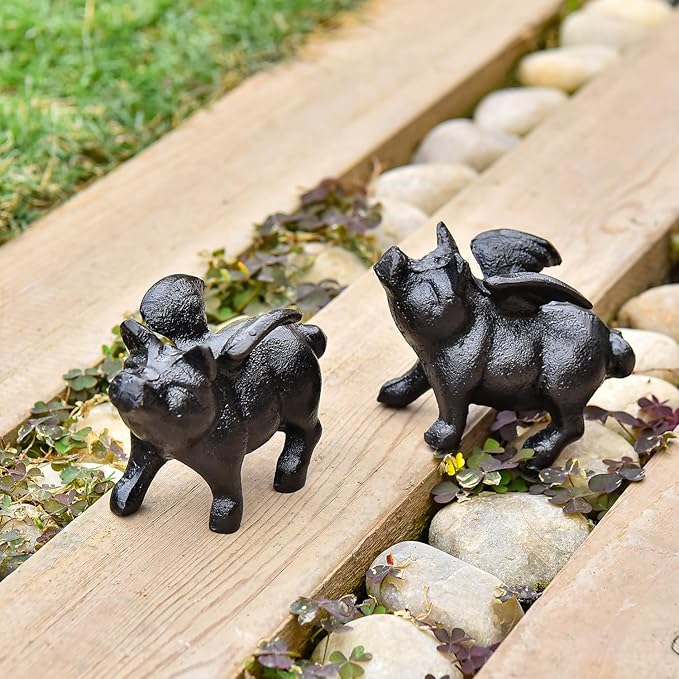 Sungmor Whimsical Cast Iron Flying Pig Statue, 2pcs Rustic Black Cute Little Piggy Paperweight, Garden Collection Figurine Home Office Desk Ornament, Indoor Outdoor Animal Statues